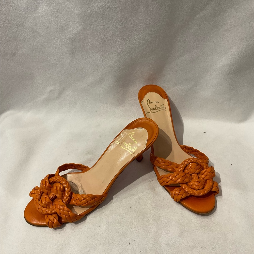 Christian Louboutin Orange Braided Leather Mule Heels - Picture 6 of 6